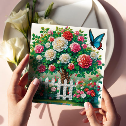 pigpigboss 6 Packs Rose Diamond Painting Greeting Cards Kit, Butterfly Rose Tree Garden Diamond Art Birthday Card with Envelope for Adult Beginner Holiday Blessing