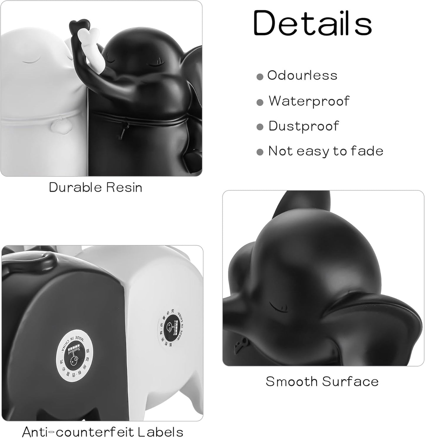 5" YU FENG Adorable Elephant Bookends in Black&White Resin Unique Cute Book Ends for Home Bedroom Desk Bookshelf