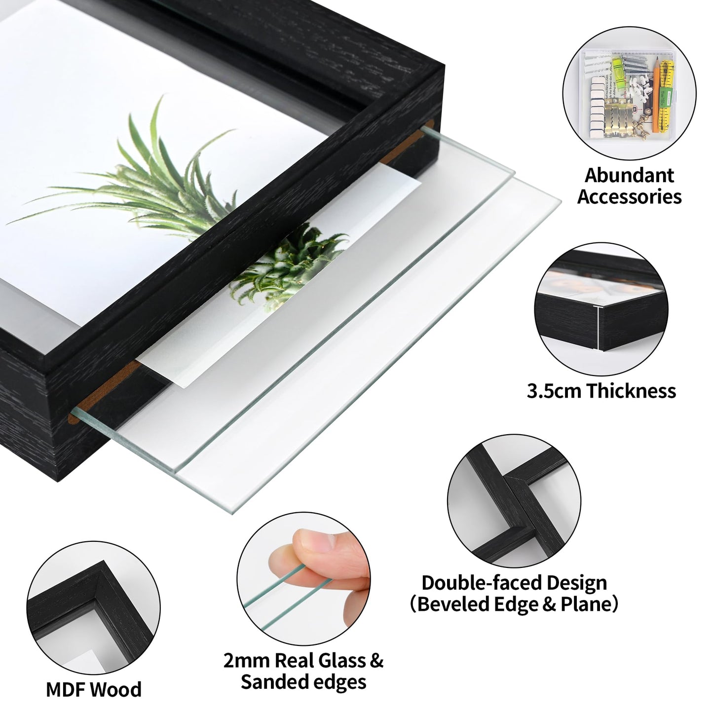 YOTINTIN 11x14 Floating Frames 2 Pack Wooden Photo Frame Double Sided Glass Picture Frame for Any Size Picture up to 11x14, Wall Mount or Tabletop Displays, Double-edged Frames, Black