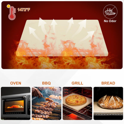 FVIEXE 4 PCS Oven Pizza Stone Set, 15 x 12 Inch Large Rectangle Pizza Stone with Wooden Pizza Peel, Pizza Cutter & 10PCS Cooking Paper for Oven & Outdoor Grill, Baking Stone Pan for Pizza, Bread