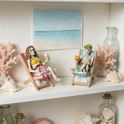 Summerween Skeleton Summer Decor - Resin Set of 2 Skeletons Summer Decorations for Home Tropical Themed Collectible Figurines for Beach Halloween Party & Home Decor Accents 2 x 4 x 4 Inches DiliComing