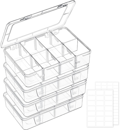Mauproy 4 Pack 8 Grids Bead Organizer and Storage, Clear Plastic Storage Containers with Removable Dividers and Labels Small Tackle Box Organizer for Jewelry Crafts Electronics Small Parts