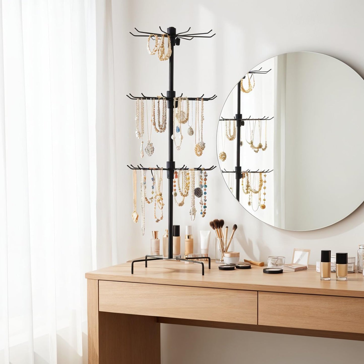 QFGasre 2 Pcs Rotating Jewelry Display Stand, Black Metal Display Rack with Hooks 3 Tier Multipurpose Accessory Jewelry Stand for Necklace Bracelet Earring
