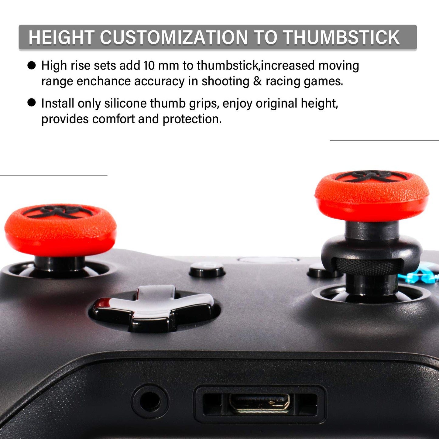 Playrealm FPS Thumbstick Extender & 3D Texture Rubber Silicone Grip Cover 2 Sets for Xbox Series X/S & Xbox One Controller(BioH Red)