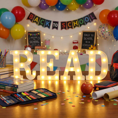 Wettal 4 Pcs Read LED Letter Lights Classroom Reading Corner Decor Read Light up Signs Marquee Light Letters Library Signs Preschool Elementary Reading Classroom Decorations for Wall Shelf Table