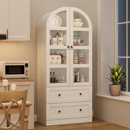 Garvee 72" Tall Dome Bookcase with Drawers, 4-Tier Wooden Bookshelf Cabinet with Glass Door, Farmhouse Arched Cabinet with Display Shelves, Wood Bookcase for Home Office, Living Room, Rustic White