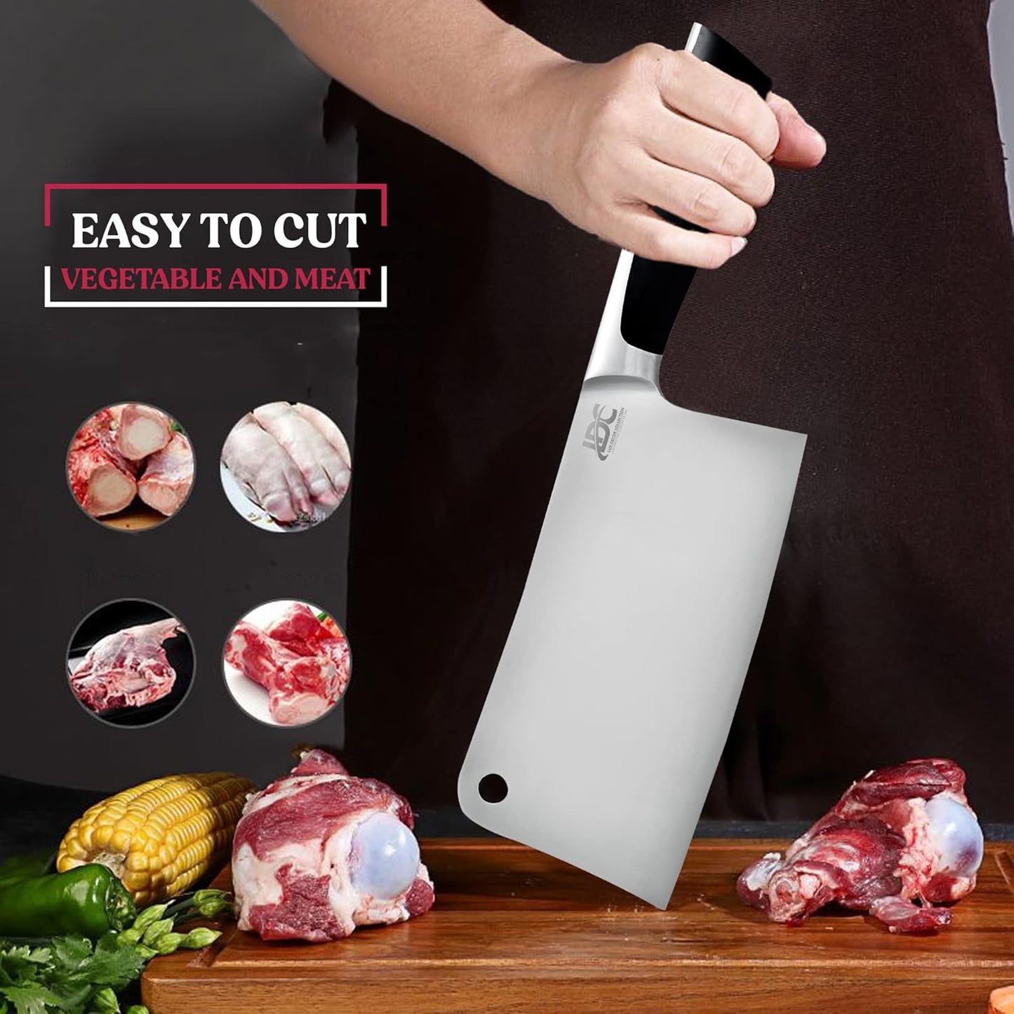 LDC 7" Inch Meat Cleaver Knife - High-Carbon Stainless Steel for Heavy-Duty Slicing, Mincing, Chopping