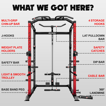 Goimu C1-V4 Power Cage, 2000LBS Squat Rack with LAT Pulldown, Multi-Function Weight Cage Strength Training Machine, Workout Cage with More Attachments for Home Gym Garage (210LBS RD Home Gym Packages)