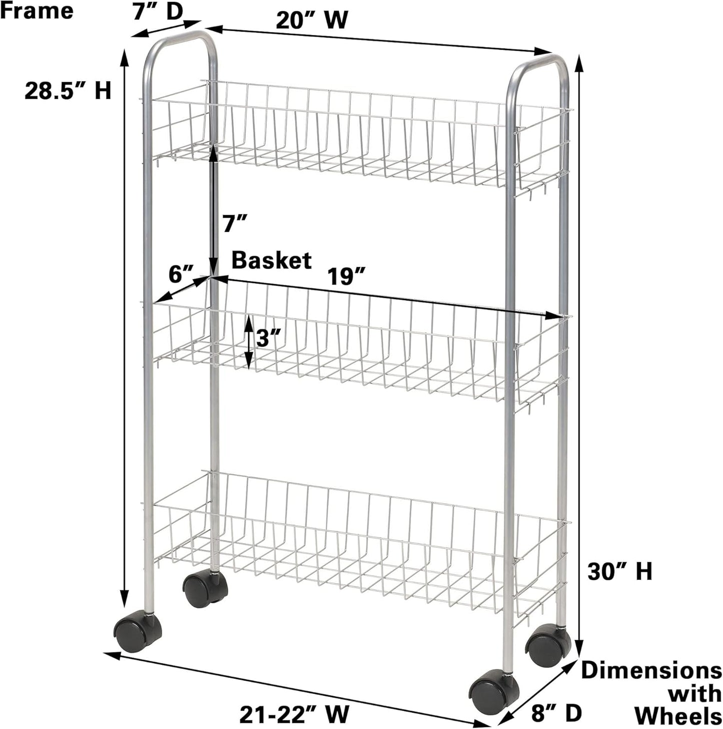 3 Household Essentials Slim Storage Cart, Shelf Storage Cart with Wheels, Perfect for Laundry Rooms, Bathrooms