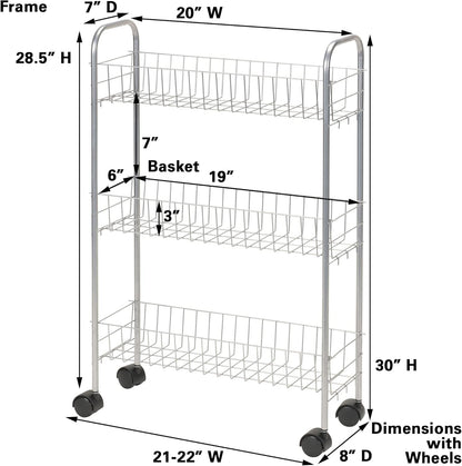3 Household Essentials Slim Storage Cart, Shelf Storage Cart with Wheels, Perfect for Laundry Rooms, Bathrooms