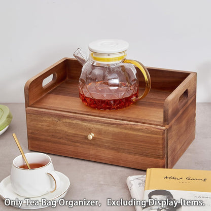 TREELF 8 Countertop Acacia Wood Tea Bag Organizer with Drawer - Tea Station Chest and Storage Box, Coffee and Teabag
