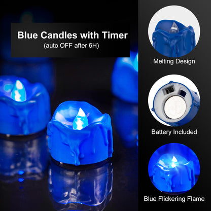 Windshell Blue Flickering Flame Tealight Candles with 6H Timer (No Remote), Battery Operated LED Flameless Tea Lights with Melting Design, for Halloween Christmas Wedding Party, 12 Pack