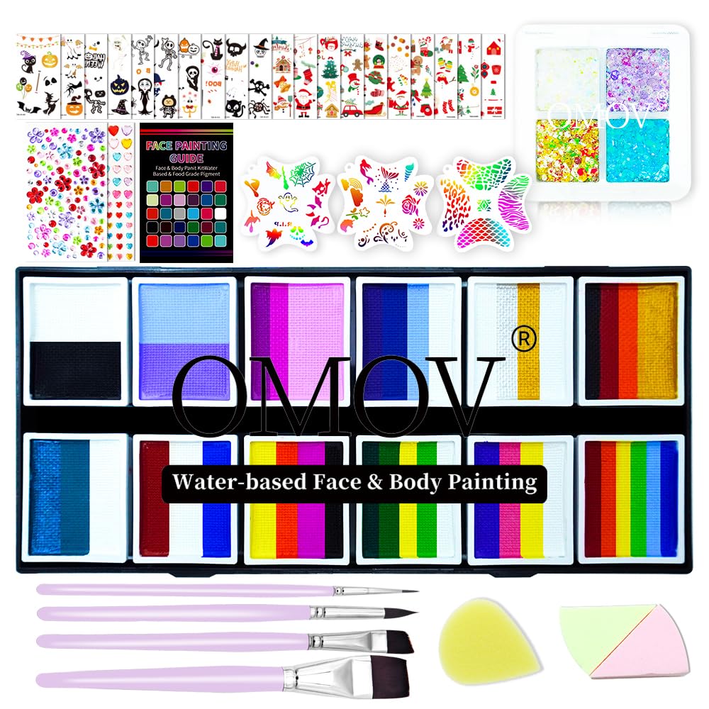 48 Colors Face Painting Kit for Kids & Adults, Non-Toxic Water Based Face Paint Palette with12 Rainbow Split Cakes +4 Sequins Gels, Includes Brush,Stencils,Glow Stickers Halloween Christmas Body Paint