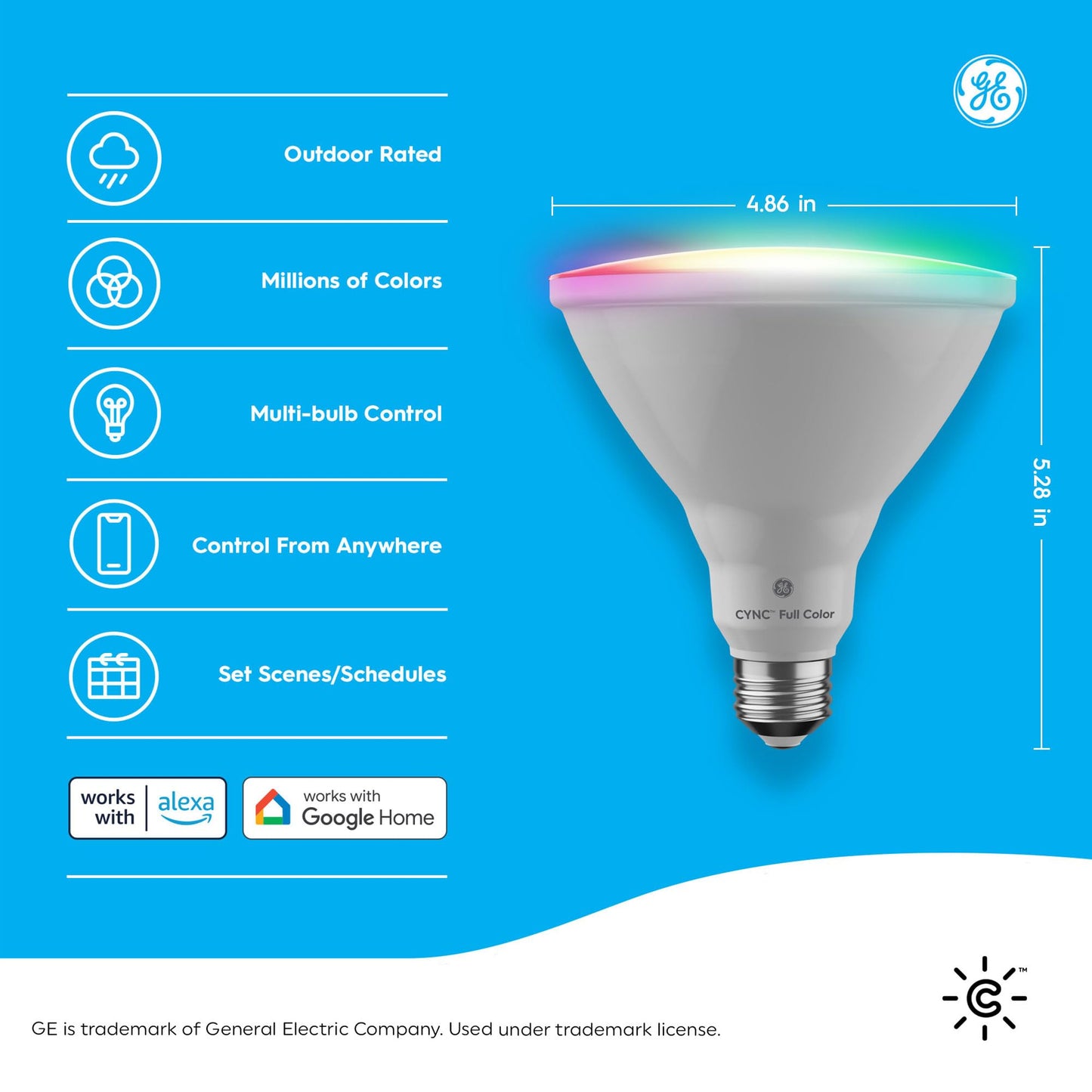 GE CYNC Smart LED PAR38 Flood Light Bulb - WiFi & Bluetooth Color Changing RGB Outdoor Light Bulbs - 90W Equivalent, Compatible with Alexa & Google Home - Dimmable, Long Lasting, Tuneable - Pack of 2