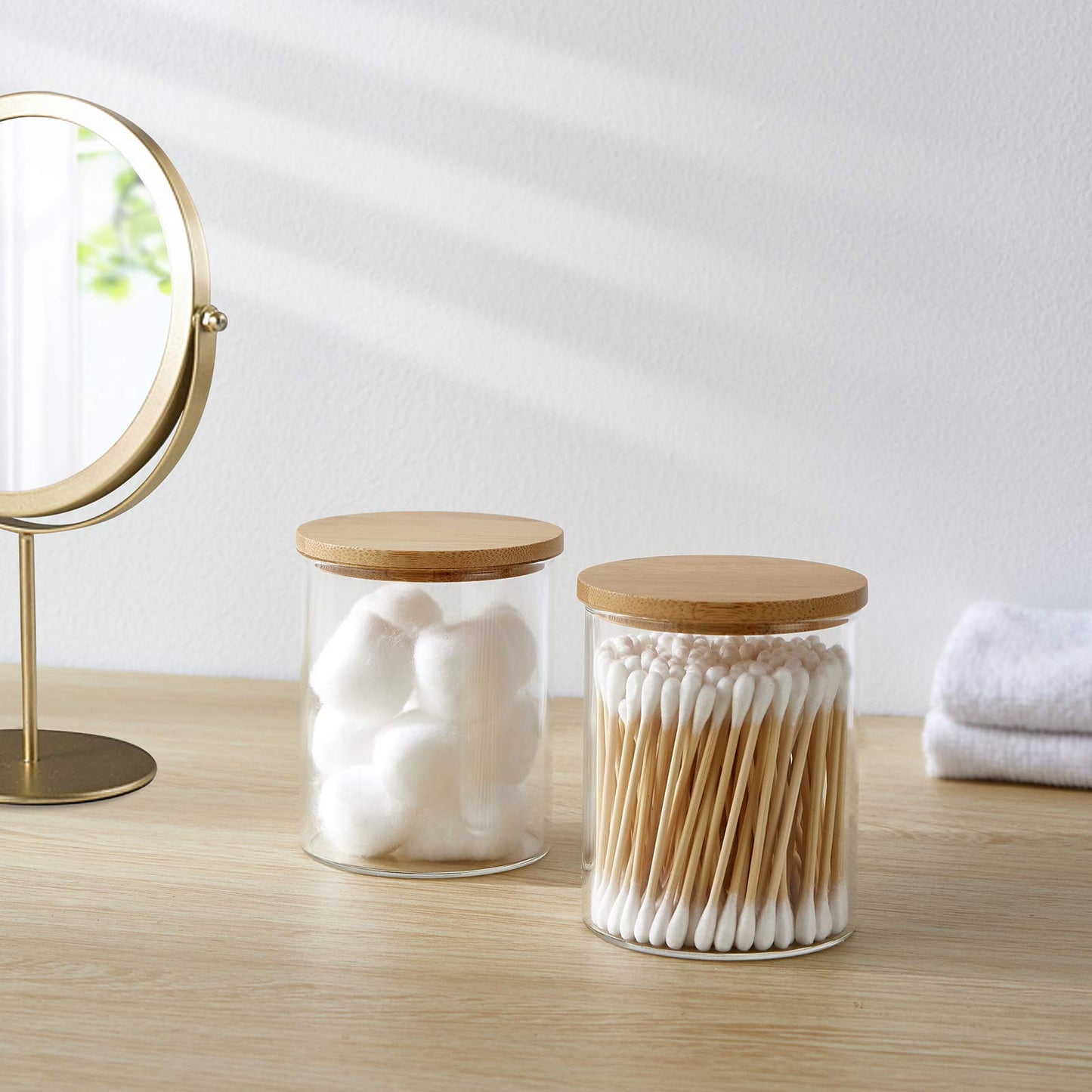INIUNIK 4 Pack Glass Qtip Holder Dispenser Glass Apothecary Jars with Lids Cotton Ball Swab Pad Holder Bathroom Essential Canisters Accessories Jars for Bathroom Organization Vanity Organizers