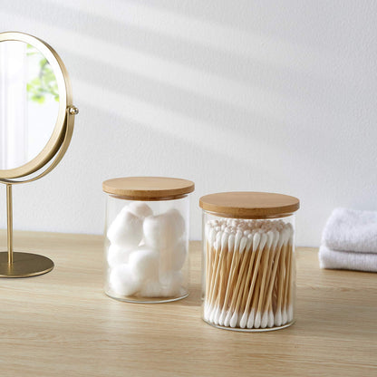 INIUNIK 4 Pack Glass Qtip Holder Dispenser Glass Apothecary Jars with Lids Cotton Ball Swab Pad Holder Bathroom Essential Canisters Accessories Jars for Bathroom Organization Vanity Organizers