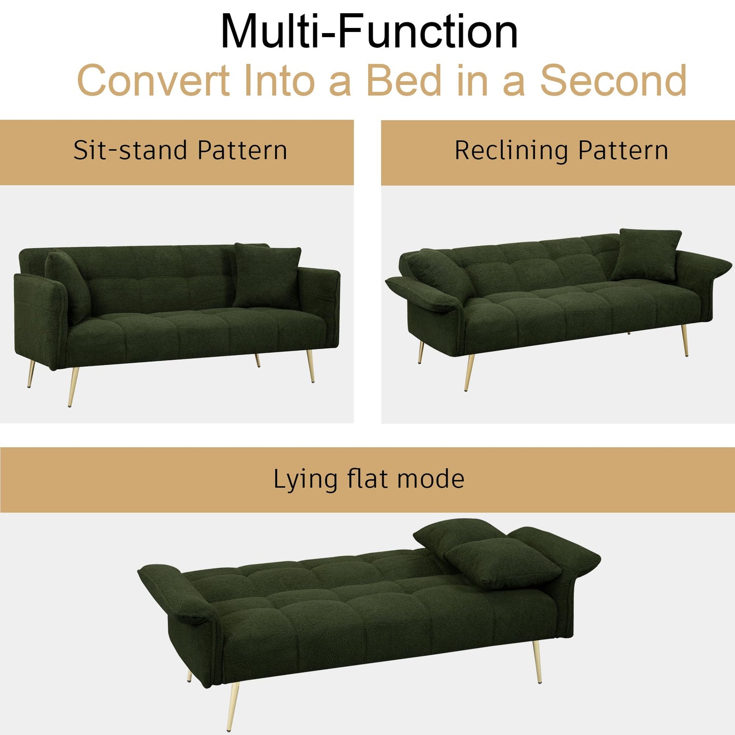 KEIKI Upholstered Loveseat Sofa, 70" Convertible Futon Sofa Bed with Adjustable Arms and Backrest, Removable Pillow Cover, Comfy Cushion, Teddy Fleece Love Seat Couches for Bedroom, Apartment, Green