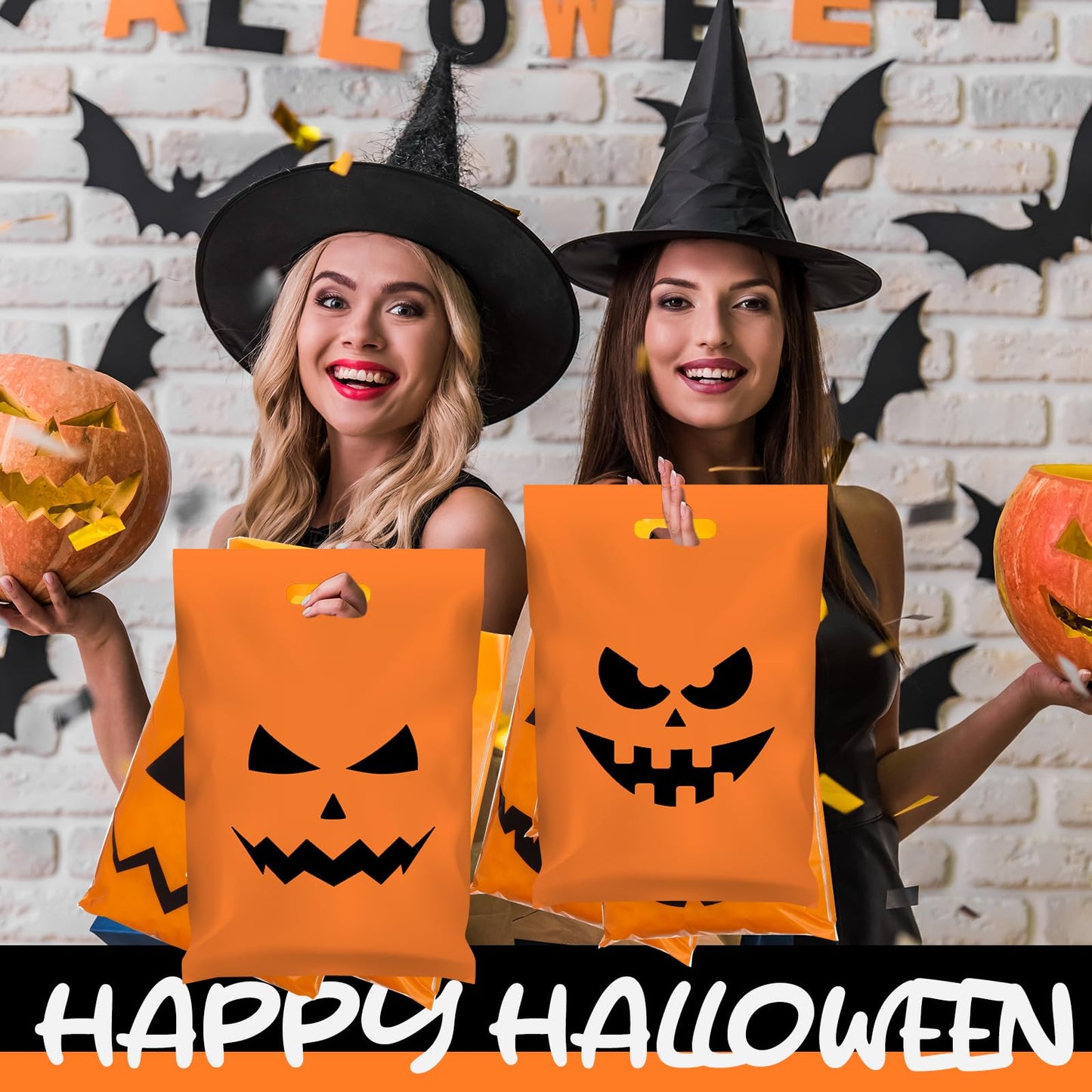 AmazingSpark 48 Pack Large Halloween Pumpkin Plastic Gift Bags with Handles 12 x 16'' Plastic Party Favor and Candy Treat or Trick Pouches for Halloween Party Supplies Gift Wrapping