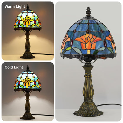 MOAN Small Lamp Stained Glass Table Lamp 8X14.5 Inch Bedside Reading Light Antique Light Desk Lamp(Rose Style)