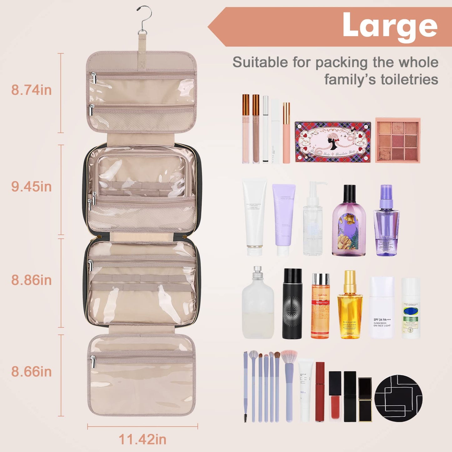 Wedama Toiletry Bag for Women, Large Cosmetic Travel Bag, Hanging Toiletry Bag for Bathroom, Thickened PVC Waterproof Makeup Bag, Toiletries Bag for Travel Business Trips and Camping, Black