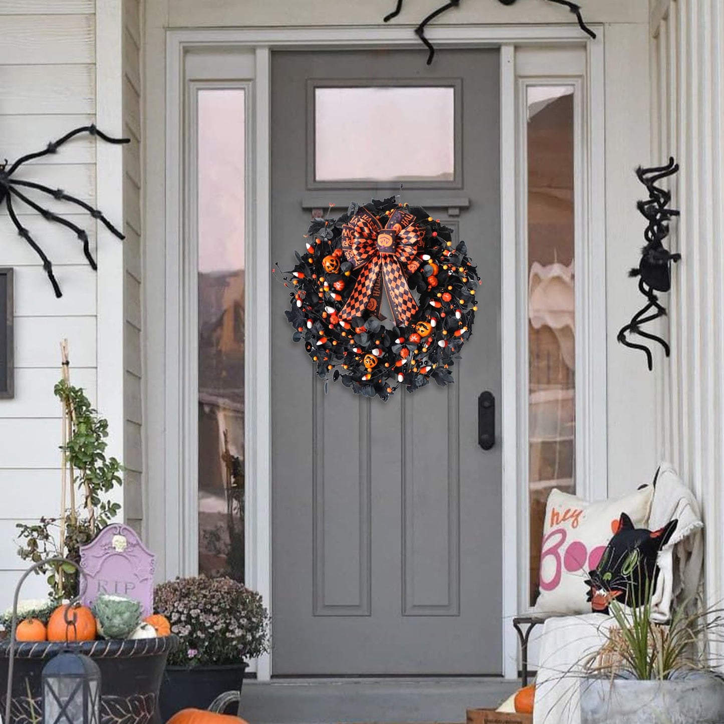 Bibelot 22inch Halloween Eucalyptus Wreaths Bow Decorative Wreaths Black Wreaths Pumpkin Decorative Party Holiday Celebration Indoor Outdoor Home Decoration