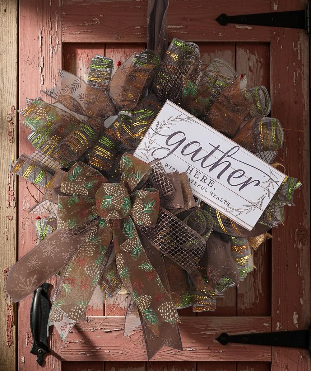 HUIHUANG Brown Wired Ribbon for Christmas Tree Pine Cone Ribbon Wired Brown Glitter Christmas Ribbons for Bows, Wreaths, Garland, Wrapping Crafts, Fall Decorations (2.5" x 6 Rolls, 36 Yds Total)