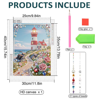 DIADAY 5D DIY Pearl Painting Kit for Adults, Lighthouse Pearl Art with Diamond Special Shape Rhinestones Accents, 3D Relief Beads Craft Home Wall Decor Gift, 12 x 16 Inches