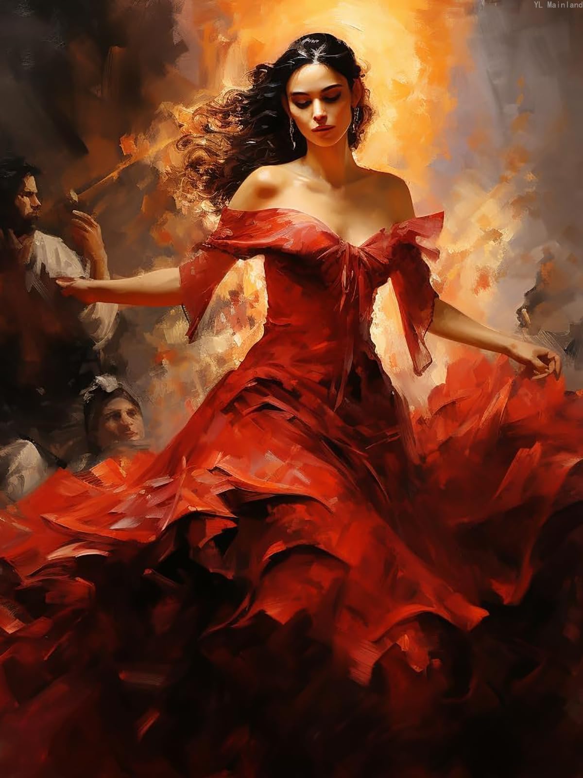 Flamenco Red Dress Dancer Woman 5D Diamond Paint for Adults Full Drill Round Diamond Art Painting by Number Kits for Beginners Gems Cross Stitch for Wall Decor 12x16 inch