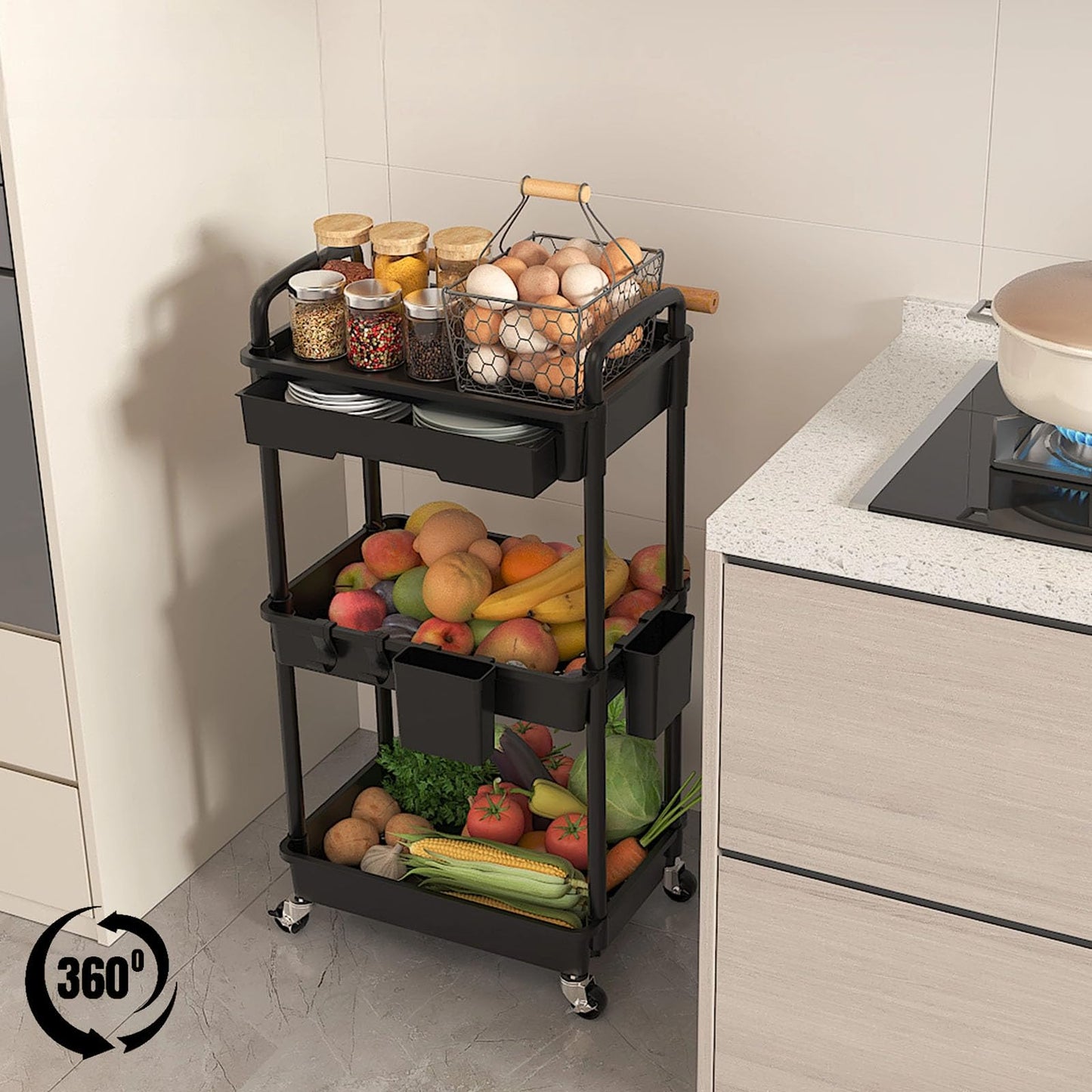 LLMRR 3 Tier Rolling Utility Cart with Drawer, Plastic Storage Organizer Rolling Carts with Wheels Handles Hanging Cups Hooks for Office, Bathroom, Kitchen,Craft Art Room (Black)