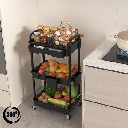 LLMRR 3 Tier Rolling Utility Cart with Drawer, Plastic Storage Organizer Rolling Carts with Wheels Handles Hanging Cups Hooks for Office, Bathroom, Kitchen,Craft Art Room (Black)