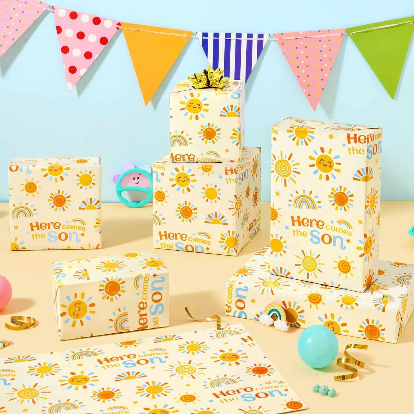 WERNNSAI Baby Sun Wrapping Paper - 6 Sheets 19.7” x 27.5” Baby Shower Wrapping Paper Boy Yellow Sunflower Paper Boho Design for 1st Birthday Gift Wrap Supply