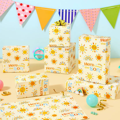 WERNNSAI Baby Sun Wrapping Paper - 6 Sheets 19.7” x 27.5” Baby Shower Wrapping Paper Boy Yellow Sunflower Paper Boho Design for 1st Birthday Gift Wrap Supply