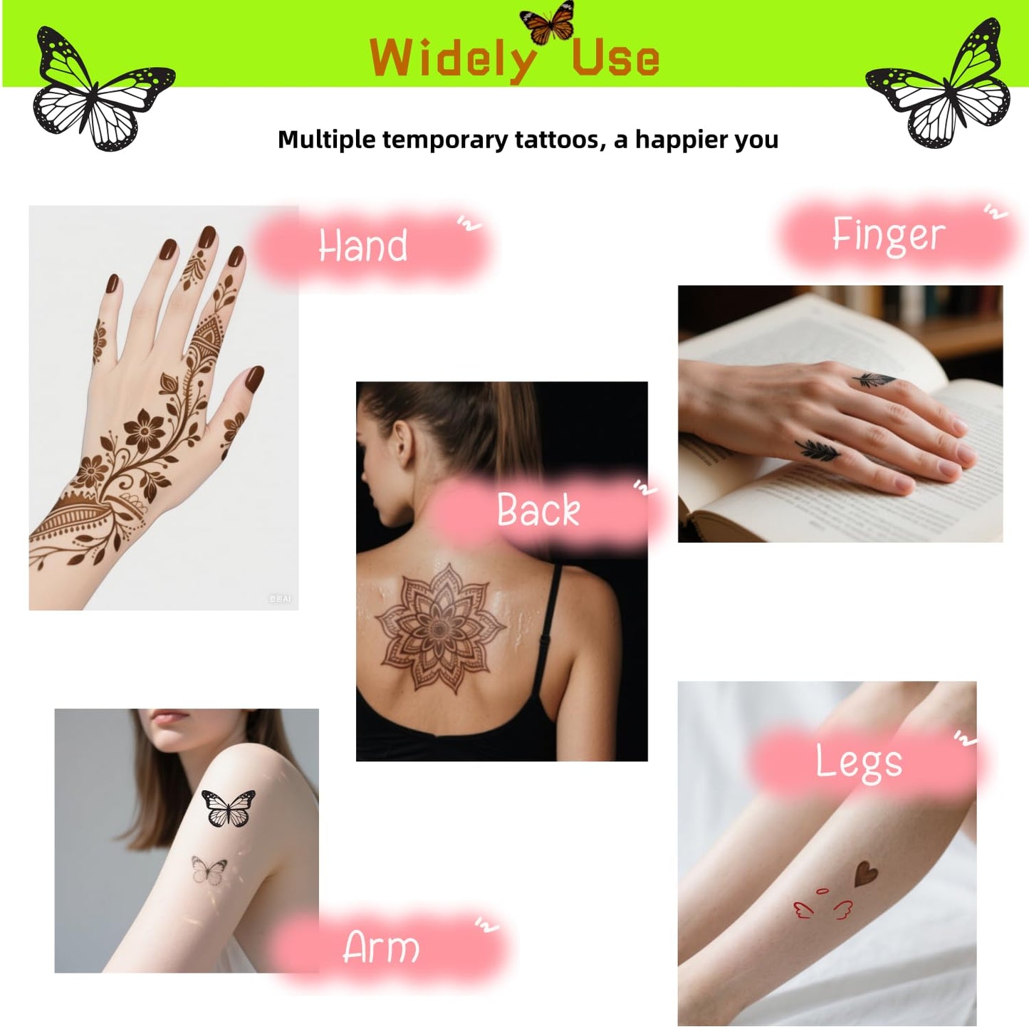 ManYan HaiYan Temporary Tattoo Stencils Kit - Reusable 12 Large Sheets, 78 Unique Designs - 6 Tattoo Cones 3 Colors (Brown/Black/Maroon) with Brush & Wipes for DIY Body Art, Festivals, Parties, Makeup