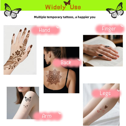 ManYan HaiYan Temporary Tattoo Stencils Kit - Reusable 12 Large Sheets, 78 Unique Designs - 6 Tattoo Cones 3 Colors (Brown/Black/Maroon) with Brush & Wipes for DIY Body Art, Festivals, Parties, Makeup