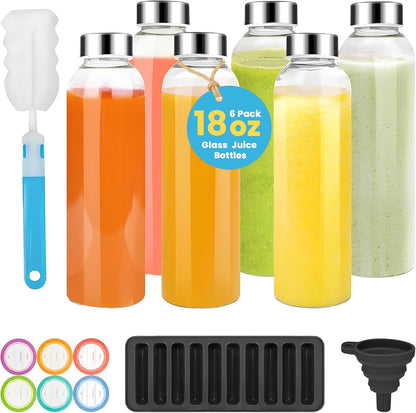 18 oz (6-Pack, PROBTTL Glass Juice Bottles with Lids Refillable Clear Glass Water Bottles with Stainless Steel Airtight