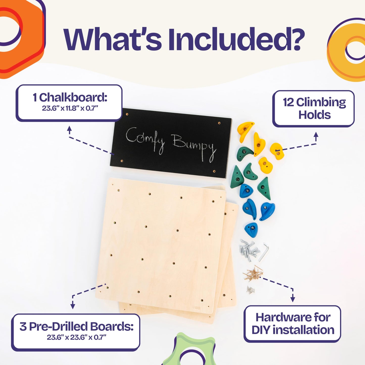 ComfyBumpy Rock Climbing Wall for Kids | Indoor Playground Play Gym Set with Drawing Blackboard & 12 Non-Slip Holds | Durable Wooden Climber for Ages 3+ | 132 lbs Capacity | Easy Assembly