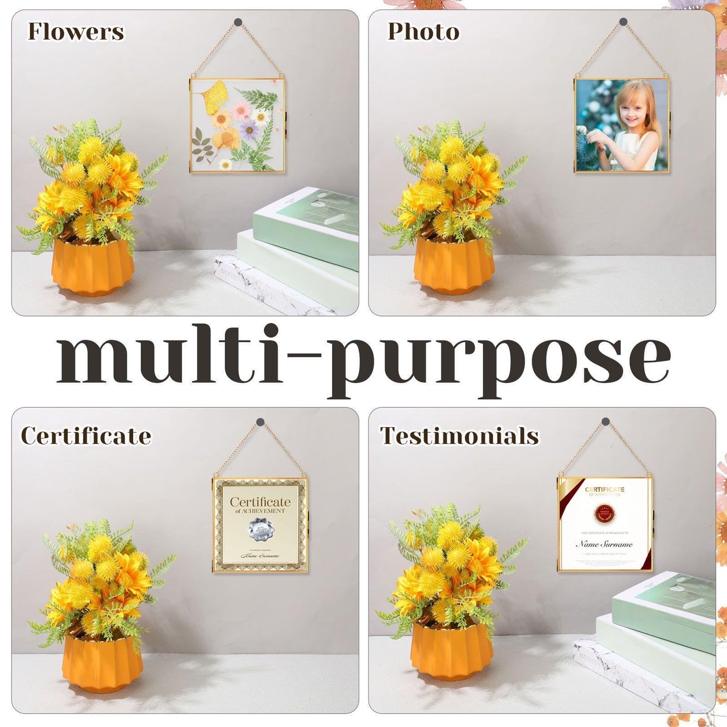 Treela Pressed Flowers Glass Frames 6 x 6 Inch, Hanging Double Glass Picture Frame Clear Square Floating Frames with Chains Graduation Wedding Gift for Dried Plant Specimen Gallery(Gold,4 Pieces)