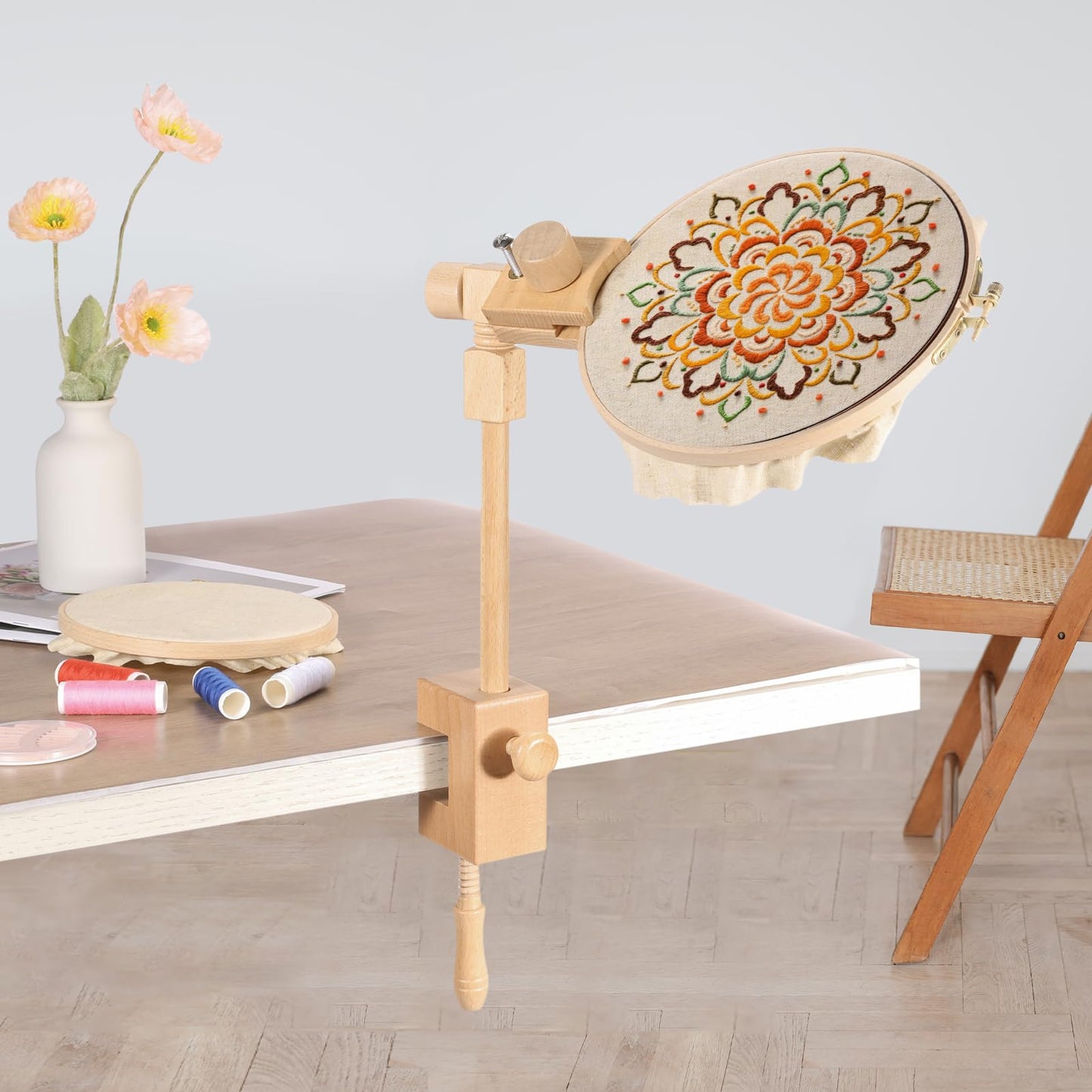 PATIKIL Embroidery Hoop Stand, Adjustable Rotated Beech Wood Cross Stitch Stand Holder for DIY Art Craft, Sewing, Needlework Projects, with 6" & 8" Embroidery Hoop