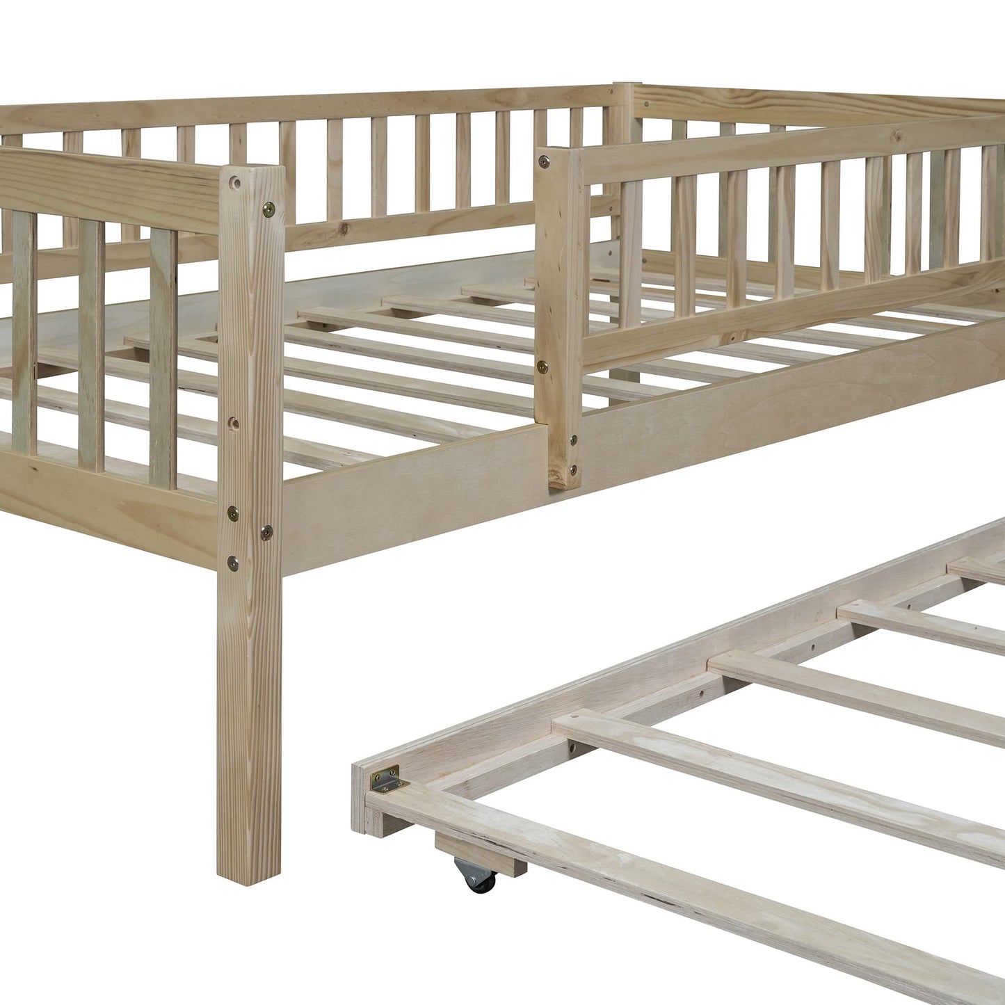 Bellemave Twin Bed Frames with Rails for Kids, Twin daybed Frame with Trundle for Boys/Girls/Adults， Natural