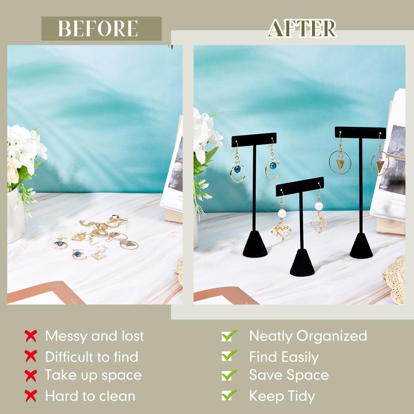 Marsui 12 Pcs Earring Display Set T Bar Earring Display Stand with 3 Heights Earrings Stand for Jewelry Vendors (Black)