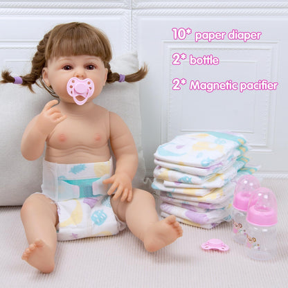 14 pcs Reborn Baby Doll Accessories with Feeding Set - Includes 10 Reborn Baby Doll Diaper , 2 Feeding Bottles and 2 Babydolls Pacifier Accessories