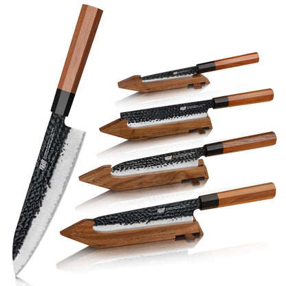 FINDKING Kitchen Knife Set with Individual Wooden Blocks, 4 Japanese Knives with Walnut Edge Guards, High Carbon Steel Blades, for Meat, Fruits, Vegetables, Dynasty Series