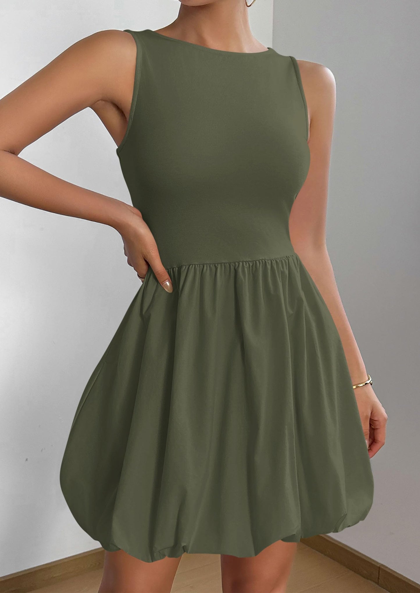 PRETTYGARDEN Summer Dresses for Women 2025 Casual Sleeveless Tank Mini Short Dress Crew Neck Bubble Sundress with Pockets (Army Green,Medium)