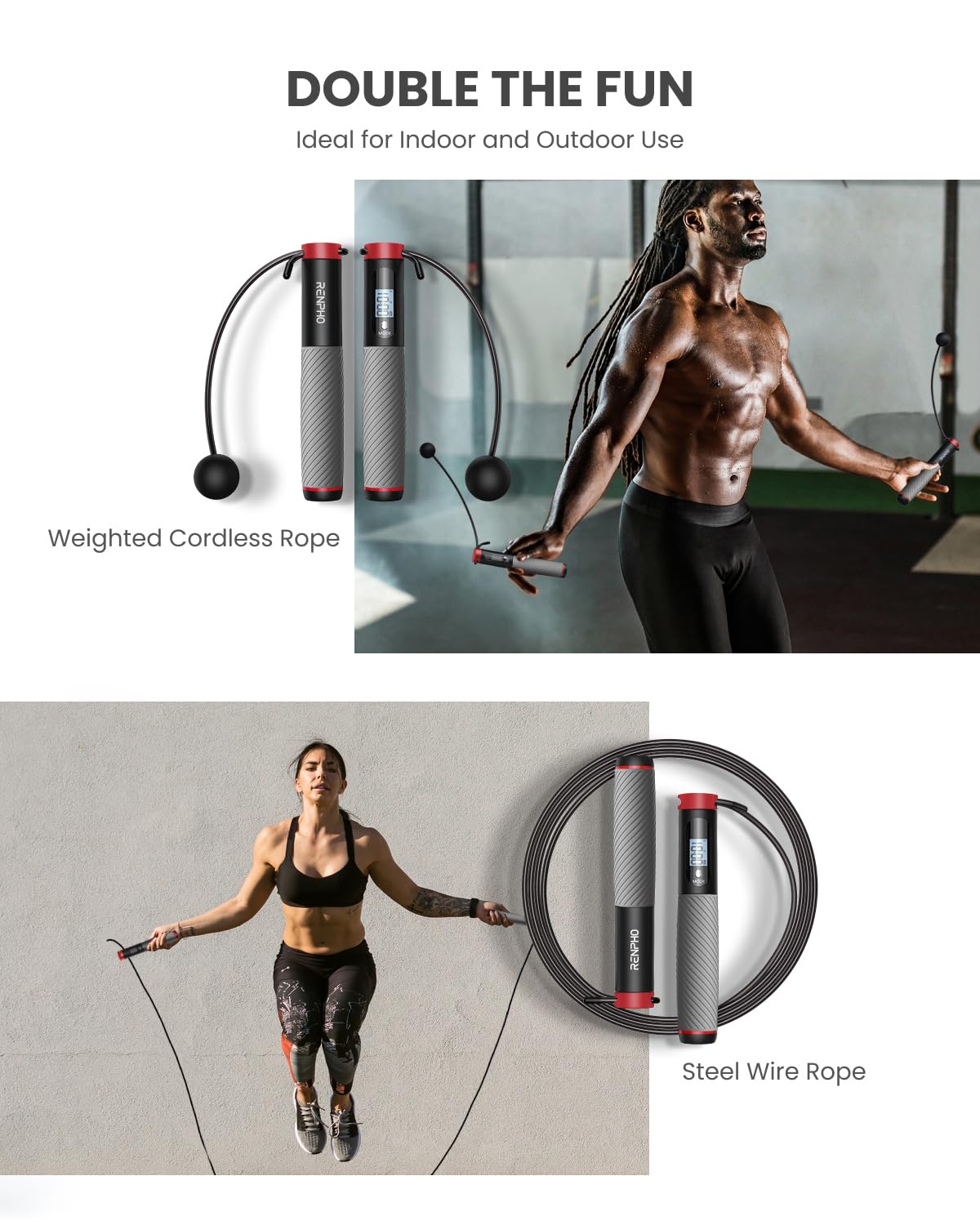 RENPHO Cordless Jump Rope, Weighted Jump Rope with Counter, Jump Ropes for Fitness, Smart Skipping Rope for Crossfit, Gym, Burn Calorie, APP Data Analysis, at-Home-Workout for Women Men Adult Kids
