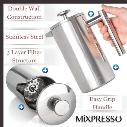 Mixpresso Stainless Steel French Press Coffee Maker, 27 Oz 800 ml, Easy Clean & Press, Double Wall Insulated