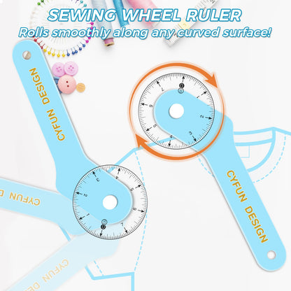 2Pcs/Set 12inch&8inch Sewing Wheel Ruler for Measuring Curves；360 Degrees Rotating Acrylic Rolling Rulers for Tailors, Dressmakers & Seamstresses necklines, Trim, Ruffles, Binding, Etc.
