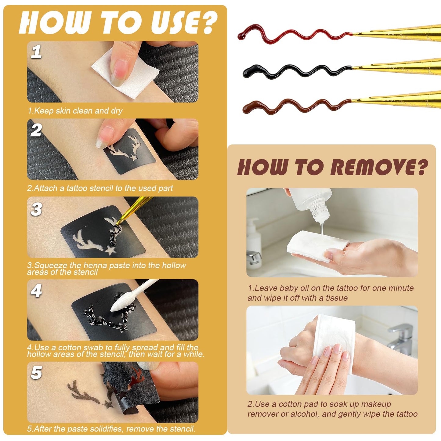 Temporary Tattoos Stencils Kit,Temporary Tattoos Kit - 6 Pcs 3 Color(3 Brown 2 Black 1 Red) Ink with Gloves,DIY Body Art Painting for Women Men Adults TA636KIT