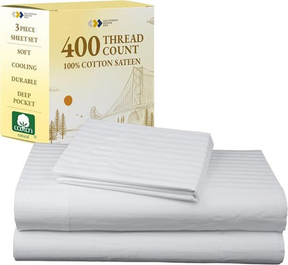 California Design Den Twin Sheet Set - 100% Cotton, 400 Thread Count, Silky Smooth Sateen, Striped White
