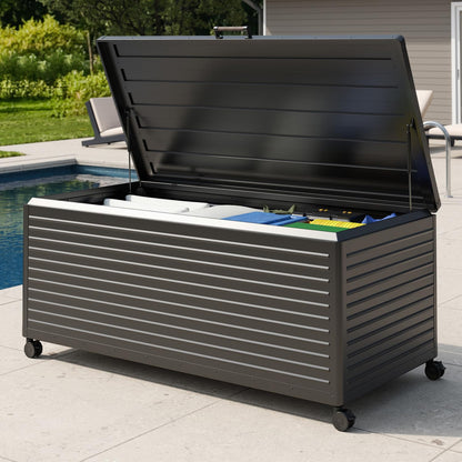 MIRADOR 281 Gallon Outdoor Storage Box with Wheels & Soft-Close Lid, Waterproof Metal Deck Box for Patio Cushions, Garden Tools & Pool Accessories, Charcoal