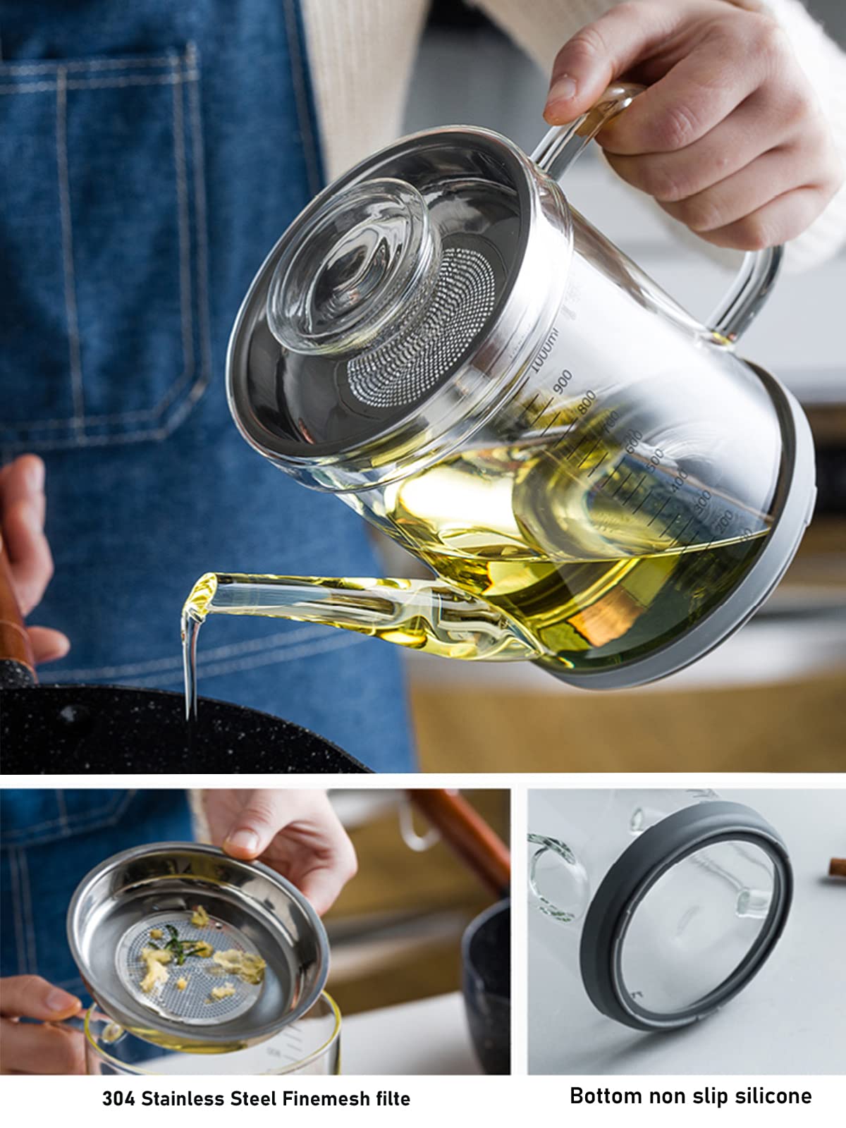 Home Servz Fat Separator,Cooking Gravy Strainer, with Stainless Steel Oil Strainer,1000ML Transparent Heat Resistant Glassware and Cover,Silicone Bottom Cover and Stopper